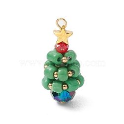 Copper Wired Glass Pendants, with Brass Beads, Christmas Tree, Golden, 28x13mm, Hole: 3mm(PALLOY-TA00120-02)