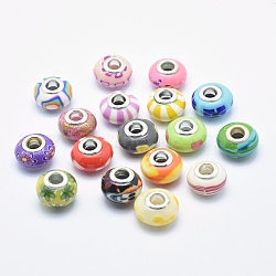 Handmade Polymer Clay European Beads, with Silver Color Plated Brass Cores, Large Hole Beads, Rondelle, Mixed Color, 13~16x8~11mm, Hole: 4.5~5mm(CLAY-K002-L27)