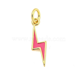 Rack Plating Brass Enamel Pendants, with Jump Ring, Cadmium Free & Lead Free, Long-Lasting Plated, Real 18K Gold Plated, Lightning Charm, Hot Pink, 17.5x5x1mm, Hole: 3.5mm(KK-U021-16F-G)