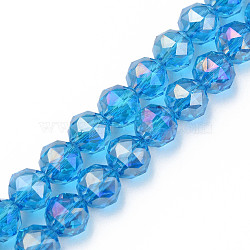 Electroplate Transparent Glass Beads Strands, Half Plated, Faceted, Round, Dodger Blue, 10x8.5mm, Hole: 1.2mm, about 60pcs/strand, 20.47 inch(52cm)(EGLA-N002-34B-D04)