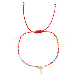 Easter Seed Braided Bead Bracelets, Adjustable Cross Brass Charm Bracelets for Women, Golden(LC4132)