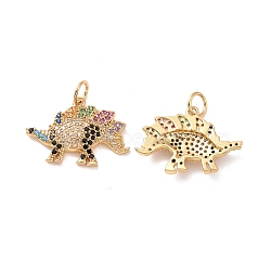 Stegosaurus Brass Micro Pave Colorful Cubic Zirconia Charms, with Jump Rings, Cadmium Free & Nickel Free & Lead Free, Real 18K Gold Plated, 14x20x3mm, Hole: 3.4mm(KK-G435-30G)