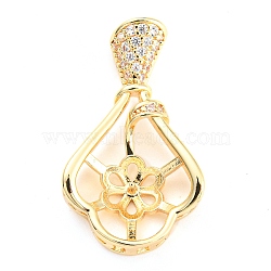 Brass Micro Cubic Zirconia Peg Bail Charms, for Baroque Pearl Making, Flower, Real 14K Gold Plated, 27.5x16x7.5mm, Hole: 5x2.5mm, Pin: 0.7mm(KK-Q794-04D-G)