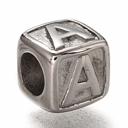 304 Stainless Steel European Beads, Large Hole Beads, Horizontal Hole, Cube with Letter, Stainless Steel Color, Letter.A, 8x8x8mm, Hole: 4.5mm(X-OPDL-L020-001A)