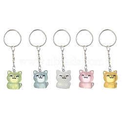 5Pcs Luminous Transparent Resin Cat Shape Pendant Keychains, with Iron Split Key Rings, Platinum, Mixed Color, 80~82mm(KEYC-JKC01431)