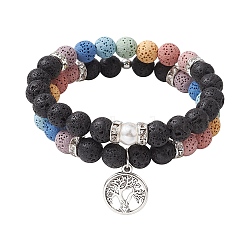 2pcs 2 Styles 8mm Round Dyed Natural Lava Rock & Shell Pearl Beaded Stretch Bracelet Sets, Tibetan Style Alloy Tree of Life Charm Stackable Bracelets for Women Men, Colorful, Inner Diameter: 2-3/4 inch(6.9cm), 1pc/style(BJEW-JB10318)