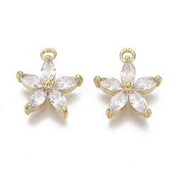 Brass Micro Pave Cubic Zirconia Charms, Nickel Free, Real 18K Gold Plated, Flower, Clear, 14x12x3mm, Hole: 1.5mm(X-KK-R132-009-NF)