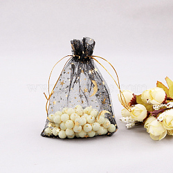 Rectangle Organza Drawstring Bags, Gold Stamping Moon and Star Pattern, Black, 12x9cm(CON-PW0001-056B-08)