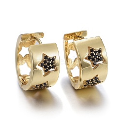 Brass Micro Pave Cubic Zirconia Huggie Hoop Earrings, Long-Lasting Plated, Hollow, Ring with Star, Black, Real 18K Gold Plated, 17.5x9mm, Pin: 0.8mm(EJEW-K083-40G-A)