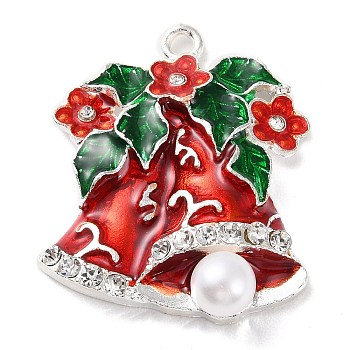 Christmas Zinc Alloy Rhinestone Pendnats, with Enamel and Plastic Pearl, Christmas Bell, 33x29x7.2mm, Hole: 2mm