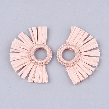 Raffia Tassel Pendant, with Polyester Link Ring, Fan, Pink, 47~55x68~78x5~6mm, Hole: 14mm
