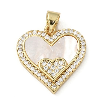 Brass Micro Pave Cubic Zirconia Pendants, with Shell, Heart, Real 18K Gold Plated, 18.5x17.5x3mm, Hole: 3.4mm