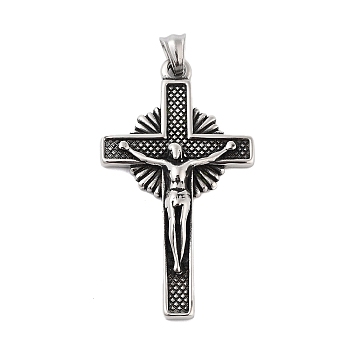 Retro 304 Stainless Steel Big Pendants, Cross with Jesus Charm, Antique Silver, 62.5x35x6.5mm, Hole: 5.5x8mm