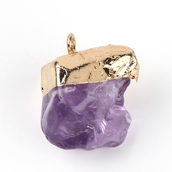 Rough Raw Natural Amethyst Pendants, with Light Gold Alloy Loops, Nuggets, 23~28x20~22.5x14~22mm, Hole: 4x6.5mm