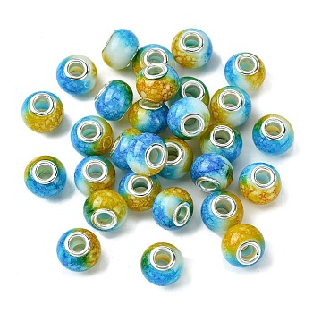 Two Tone Glass European Beads, Large Hole Beads, with Silver Tone Brass Double Cores, Rondelle, Light Sky Blue, 15x11mm, Hole: 5mm