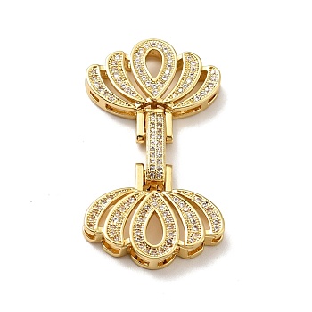 Brass Micro Pave Clear Cubic Zirconia Fold Over Clasps, Cadmium Free & Lead Free, Lotus, Golden, 44x23.5x7mm, Hole: 2~4x2mm
