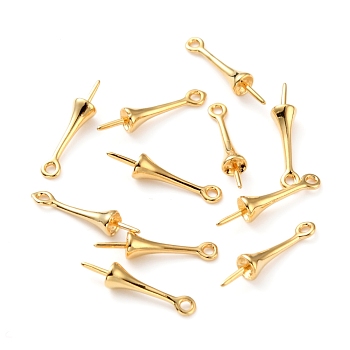 Brass Cup Peg Bails, for Half Drilled Beads, Long-Lasting Plated, Real 14K Gold Plated, 15.5mm, Hole: 1.2mm, Pin: 0.6mm