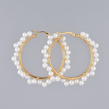 Beaded Hoop Earrings, with Glass Pearl Beads, Golden Plated 304 Stainless Steel Hoop Earrings Findings and Copper Wire, Ring, White, 50mm, Pin: 0.7mm