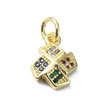 Brass Micro Pave Colorful Cubic Zirconia Pendants, with Jump Ring, Windmill Charm, Real 18K Gold Plated, 12x9x3mm, Hole: 3mm