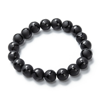 Frosted Glass Beads Stretch Bracelets, Round with Rhombus Pattern, Black, Beads: 9.5~10mm, Inner Diameter: 2-1/8 inch(5.5cm)