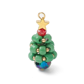 Copper Wired Glass Pendants, with Brass Beads, Christmas Tree, Golden, 28x13mm, Hole: 3mm