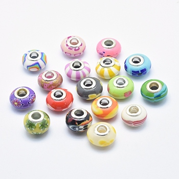 Handmade Polymer Clay European Beads, with Silver Color Plated Brass Cores, Large Hole Beads, Rondelle, Mixed Color, 13~16x8~11mm, Hole: 4.5~5mm