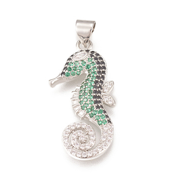 Brass Micro Pave Cubic Zirconia Pendants, Long-Lasting Plated, Lead Free & Cadmium Free & Nickel Free, Sea Horse, Colorful, Real Platinum Plated, 27.5x14.5x3.5mm, Hole: 4x3.5mm