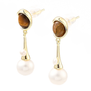 Natural Pearl & Tiger Eye Dangle Stud Earrings, Brass Teardrop Earrings for Women, Real 14K Gold Plated, 33x9mm