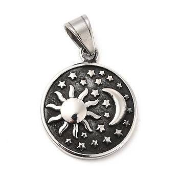 304 Stainless Steel Pendants, Flat Round Charms, with Sun and Moon and Star Pattern, Antique Silver, 33.5x27.5x5mm, Hole: 9x6mm