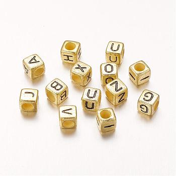 Golden Cube Mixed Letters Acrylic Beads for Necklace Making, Horizontal Hole, about 6mm in diameter, hole: 3mm, about 250pcs/50g
