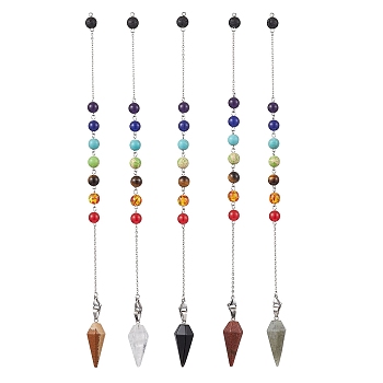 Chakra Synthetic & Natural Mixed Gemstone Pointed Dowsing Pendulums, with 304 Stainless Steel Cable Chains, Round & Cone, 260mm, Pendants: 35~38x14.5x13mm