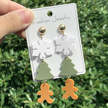 Christmas Theme Acrylic Dangle Stud Earrings, Christmas Tree with Snowflake, Golden, Dark Sea Green, 86x24mm