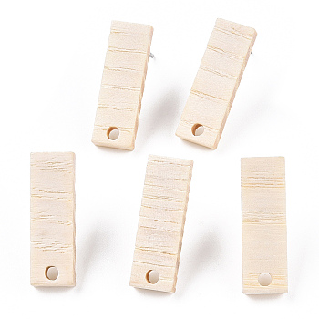 Ash Wood Stud Earring Findings, with 304 Stainless Steel Pin, Rectangle, 20x6.5mm, Hole: 1.8mm, Pin: 0.7mm