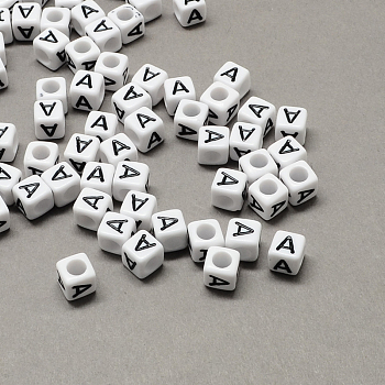 Large Hole Acrylic Letter European Beads, Horizontal Hole, White & Black, Cube with Letter.A, 6x6x6mm, Hole: 4mm, about 2950pcs/500g