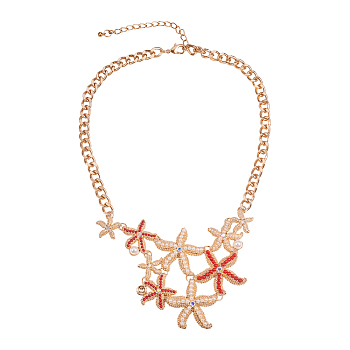 Alloy Bib Statement Necklaces, with Acrylic Beads and Rhinestone, Iron Curb Chain, Starfish, Golden, 17.9 inch(45.5cm), 1pc/box