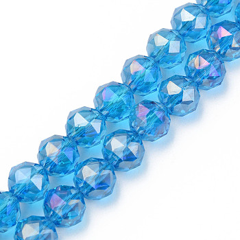 Electroplate Transparent Glass Beads Strands, Half Plated, Faceted, Round, Dodger Blue, 10x8.5mm, Hole: 1.2mm, about 60pcs/strand, 20.47 inch(52cm)