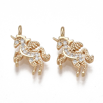 Brass Charms, Nickel Free, Real 18K Gold Plated, with Cubic Zirconia, Unicorn, Clear, 14.5x12x2mm, Hole: 1.6mm