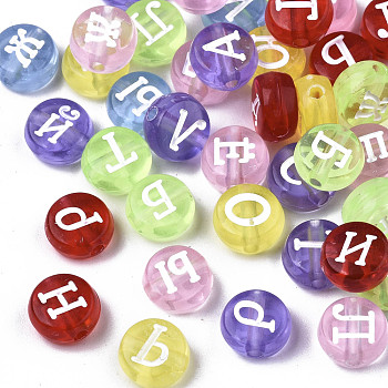 Transparent Acrylic Beads, with Enamel, Flat Round with Mixed Russian Alphabet, Mixed Color, 7x4mm, Hole: 1.5mm, about 3650pcs/500g