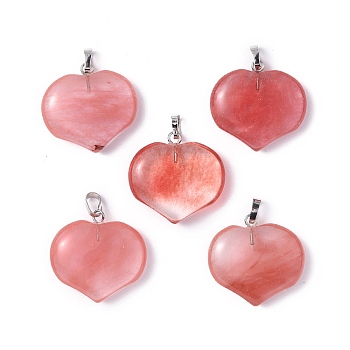 Cherry Quartz Glass Pendants, Heart Charms, with Platinum Tone Brass Findings, 23.5x25x8.5mm, Hole: 5x3.5mm
