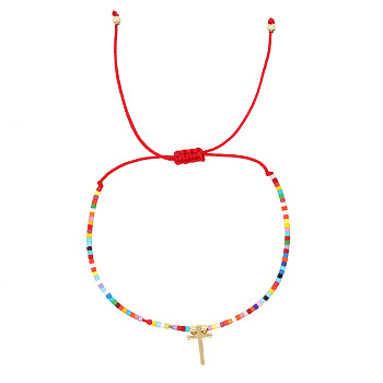 Easter Seed Braided Bead Bracelets, Adjustable Cross Brass Charm Bracelets for Women, Golden