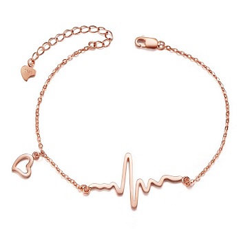 SHEGRACE 925 Sterling Silver Heartbeat Charm Bracelet(Chain Extenders Random Style), Rose Gold, 7-1/8 inch(18cm)