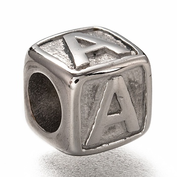 304 Stainless Steel European Beads, Large Hole Beads, Horizontal Hole, Cube with Letter, Stainless Steel Color, Letter.A, 8x8x8mm, Hole: 4.5mm