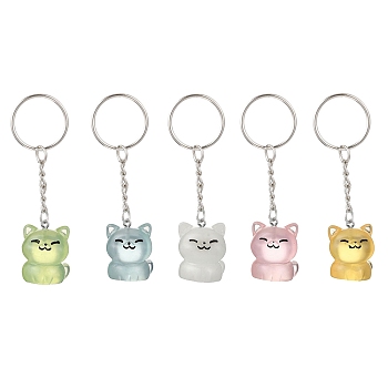 5Pcs Luminous Transparent Resin Cat Shape Pendant Keychains, with Iron Split Key Rings, Platinum, Mixed Color, 80~82mm