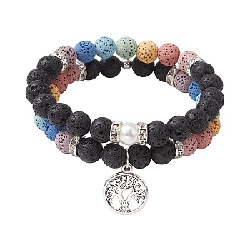 2pcs 2 Styles 8mm Round Dyed Natural Lava Rock & Shell Pearl Beaded Stretch Bracelet Sets, Tibetan Style Alloy Tree of Life Charm Stackable Bracelets for Women Men, Colorful, Inner Diameter: 2-3/4 inch(6.9cm), 1pc/style