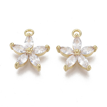 Brass Micro Pave Cubic Zirconia Charms, Nickel Free, Real 18K Gold Plated, Flower, Clear, 14x12x3mm, Hole: 1.5mm