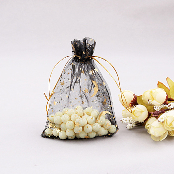 Rectangle Organza Drawstring Bags, Gold Stamping Moon and Star Pattern, Black, 12x9cm