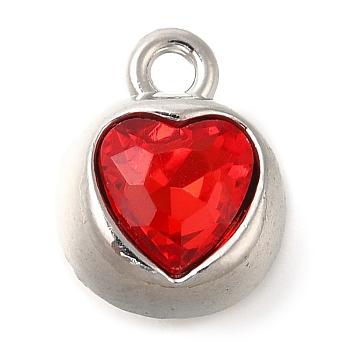 Rack Plating Alloy Pendants, with Rhinestone, Heart, Platinum, Red, 11.5x9x7.5mm, Hole: 1.6mm