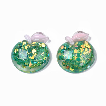 Autumn Theme Transparent Epoxy Resin Cabochons, with Paillette, Apple, Sea Green, 25x25x8.5mm