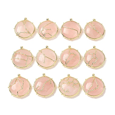 Golden Flat Round Rose Quartz Pendants