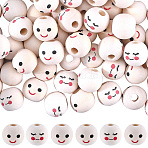 100Pcs 2 Styles Maple Wood European Beads, Printed, Large Hole Beads, Undyed, Round with Shy Expression, Mixed Color, 17~18mm, Hole: 5mm, 50pcs/style(WOOD-GF0002-22)